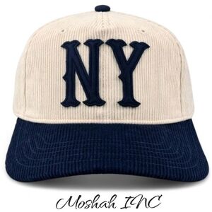 New York NY Corduroy Snapback Hat Cream Navy Adjustable Vintage Style
